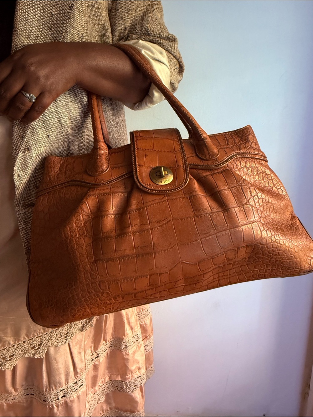 Monsac Original Italian Leather Croc Embossed Medium Satchel Top Handle Bag